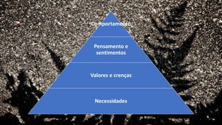 Comportamento
Pensamento e
sentimentos
Valores e crenças
Necessidades
 