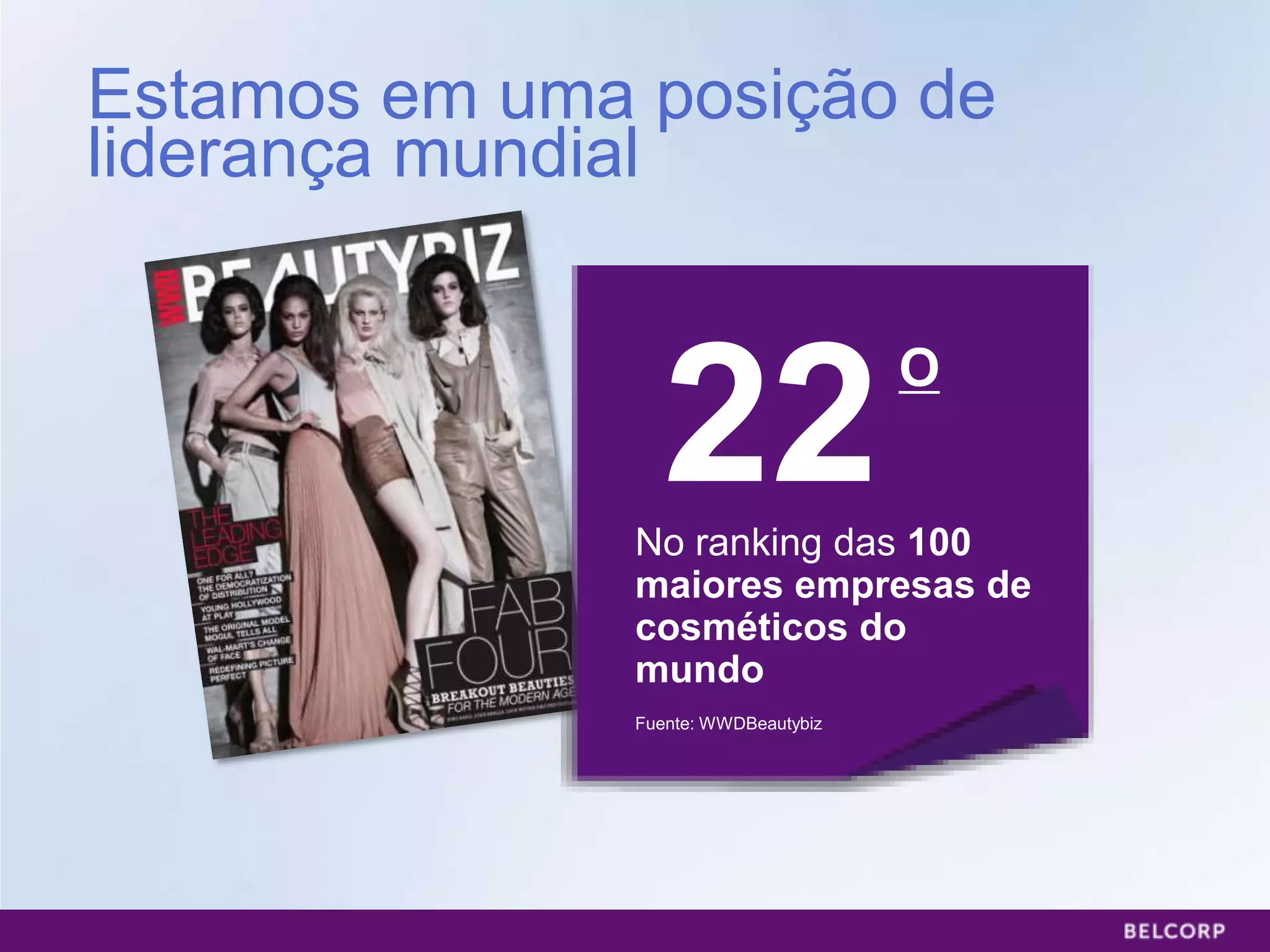Estamos em uma posição de
liderança mundial



                  22
               No ranking das 100
                                      O



               maiores empresas de
               cosméticos do
               mundo
               Fuente: WWDBeautybiz




                                          25
 