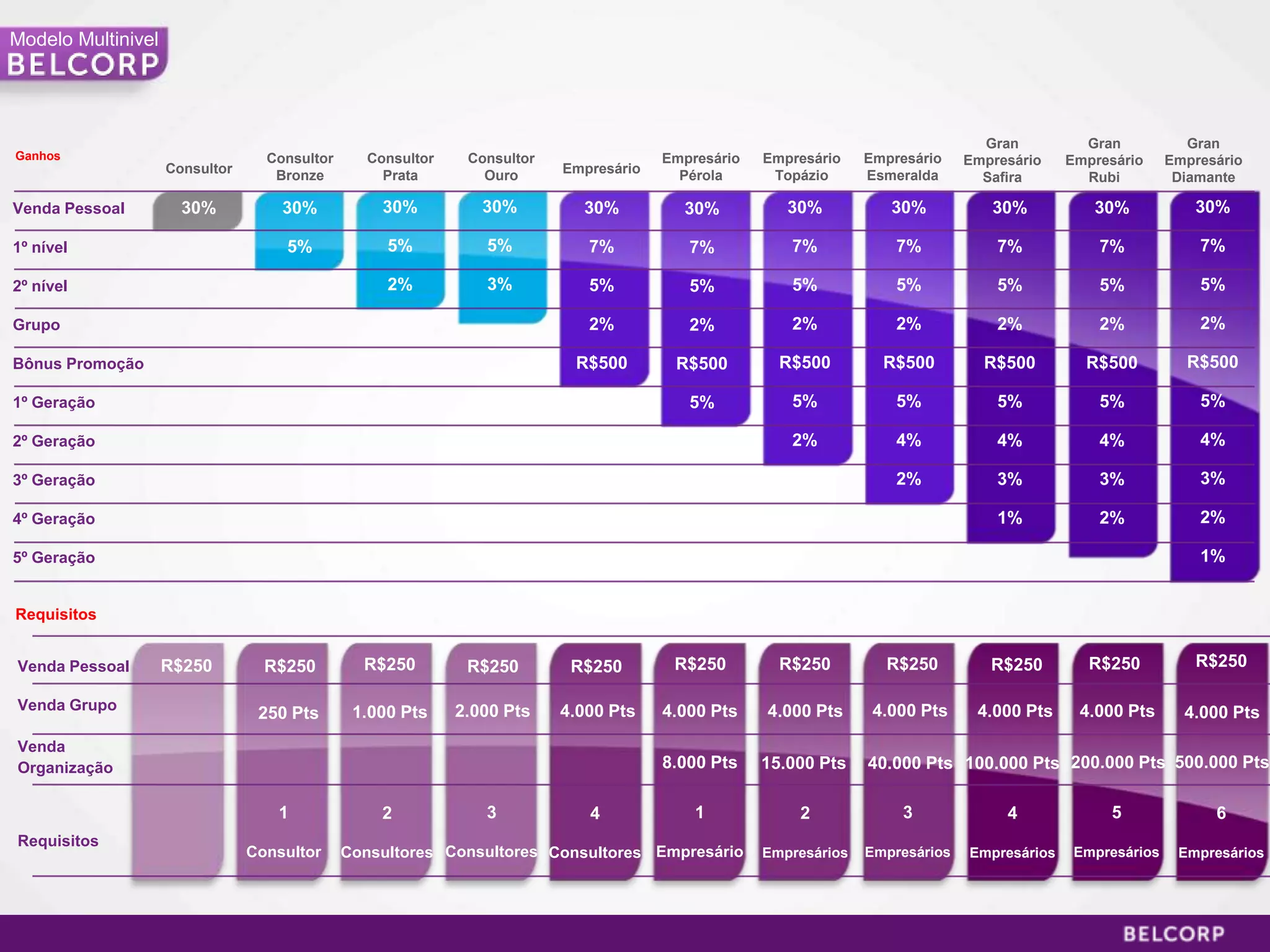 Modelo Multinivel




                                                                                                                                  Gran          Gran            Gran
Ganhos                            Consultor      Consultor    Consultor                Empresário   Empresário    Empresário    Empresário    Empresário     Empresário
                    Consultor      Bronze          Prata        Ouro      Empresário     Pérola      Topázio      Esmeralda       Safira        Rubi          Diamante

Venda Pessoal         30%           30%            30%          30%         30%          30%           30%           30%           30%           30%            30%

1º nível                            5%             5%           5%           7%           7%           7%             7%            7%            7%             7%

2º nível                                           2%           3%           5%           5%           5%             5%            5%            5%             5%

Grupo                                                                        2%           2%           2%             2%            2%            2%             2%

Bônus Promoção                                                             R$500        R$500         R$500         R$500         R$500         R$500          R$500

1º Geração                                                                                5%           5%             5%            5%            5%             5%

2º Geração                                                                                             2%             4%            4%            4%             4%

3º Geração                                                                                                            2%            3%            3%             3%

4º Geração                                                                                                                          1%            2%             2%

5º Geração                                                                                                                                                       1%


Requisitos


Venda Pessoal       R$250         R$250         R$250         R$250        R$250        R$250         R$250         R$250          R$250         R$250          R$250

Venda Grupo                                    1.000 Pts     2.000 Pts    4.000 Pts    4.000 Pts    4.000 Pts      4.000 Pts     4.000 Pts     4.000 Pts       4.000 Pts
                                 250 Pts
Venda
Organização                                                                            8.000 Pts    15.000 Pts    40.000 Pts 100.000 Pts 200.000 Pts 500.000 Pts

                                   1               2            3            4             1            2              3             4             5               6
Requisitos
                                Consultor     Consultores Consultores Consultores Empresário        Empresários   Empresários   Empresários    Empresários    Empresários




                                                                                                                                                                   91
 