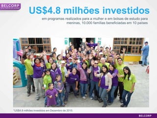US$4.8 milhões investidos
Uma história de sucesso




                                     em programas realizados para a mulher e em bolsas de estudo para
                                                   meninas, 10.000 famílias beneficiadas em 10 países




               *US$4.8 milhões investidos em Dezembro de 2010.

                                                                                                        23
 