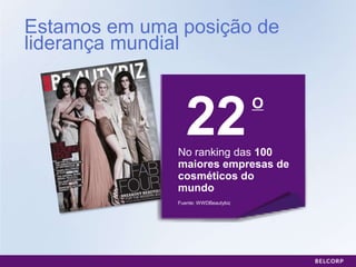 Estamos em uma posição de
liderança mundial



                  22
               No ranking das 100
                                      O



               maiores empresas de
               cosméticos do
               mundo
               Fuente: WWDBeautybiz




                                          25
 