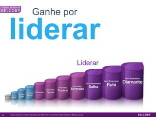 Ganhe por

     liderar
                                                                                                     Liderar




84   *Cada campanha o consultor é evaliado para determinar em qual nível do plano de carreira Belcorp que está.   84
 