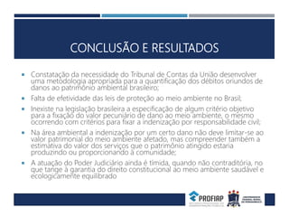 CONCLUSÃO E RESULTADOS
 Constatação da necessidade do Tribunal de Contas da União desenvolver
uma metodologia apropriada para a quantificação dos débitos oriundos de
danos ao patrimônio ambiental brasileiro;
 Falta de efetividade das leis de proteção ao meio ambiente no Brasil;
 Inexiste na legislação brasileira a especificação de algum critério objetivo
para a fixação do valor pecuniário de dano ao meio ambiente, o mesmo
ocorrendo com critérios para fixar a indenização por responsabilidade civil;
 Na área ambiental a indenização por um certo dano não deve limitar-se ao
valor patrimonial do meio ambiente afetado, mas compreender também a
estimativa do valor dos serviços que o patrimônio atingido estaria
produzindo ou proporcionando à comunidade;
 A atuação do Poder Judiciário ainda é tímida, quando não contraditória, no
que tange à garantia do direito constitucional ao meio ambiente saudável e
ecologicamente equilibrado
 