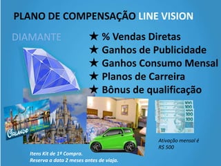 PLANO DE COMPENSAÇÃO LINE VISION
DIAMANTE
Ativação mensal é
R$ 500Itens Kit de 1ª Compra.
Reserva a data 2 meses antes de viaja.
★ Valor da Adesão:R$5000,00
★ % Vendas Diretas
★ Ganhos de Publicidade
★ Ganhos Consumo Mensal
★ Planos de Carreira
★ Bônus de qualificação
 