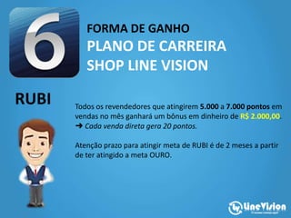 FORMA DE GANHO
PLANO DE CARREIRA
SHOP LINE VISION
RUBI Todos os revendedores que atingirem 5.000 a 7.000 pontos em
vendas no mês ganhará um bônus em dinheiro de R$ 2.000,00.
➜ Cada venda direta gera 20 pontos.
Atenção prazo para atingir meta de RUBI é de 2 meses a partir
de ter atingido a meta OURO.
 