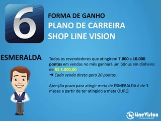 FORMA DE GANHO
PLANO DE CARREIRA
SHOP LINE VISION
ESMERALDA Todos os revendedores que atingirem 7.000 a 10.000
pontos em vendas no mês ganhará um bônus em dinheiro
de R$ 5.000,00
➜ Cada venda direta gera 20 pontos.
Atenção prazo para atingir meta de ESMERALDA é de 3
meses a partir de ter atingido a meta OURO.
 