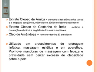  Extrato Oleoso de Arnica - aumenta a resistência dos vasos
e a irrigação sangüínea, estimulante, tônico e descongestionante;
 Extrato Oleoso de Castanha da Índia – melhora a
circulação e diminui a fragilidade dos vasos capilares;
 Óleo de Amêndoas – rico em vitamina E, emoliente.
 Utilizado em procedimentos de drenagem
linfática, massagem estética e em aparelhos.
Promove manobras de massagem com leveza e
praticidade sem deixar excesso de oleosidade
sobre a pele.
 
