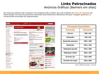 Links Patrocinados Anúncios Gráficos (Banners em sites) Os anúncios gráficos são anúncios com imagens (gif ou flash) que são exibidos em  sites de conteúdo  da Rede Google. Os anúncios gráficos combinam dois elementos altamente eficazes: imagens gráficas e a comprovada tecnologia de segmentação. Fonte: ADWords Google – Dez/08 Tamanho Formato 336 x 280 Retângulo grande 160 x 600 Arranha céu largo 120 x 600 Arranha céu 300 x 250 Retângulo médio 250 x 250 Quadrado 200 x 200 Quadrado pequeno 728 x 90 Cabeçalho 468 x 60 Banner Formatos Permitidos 