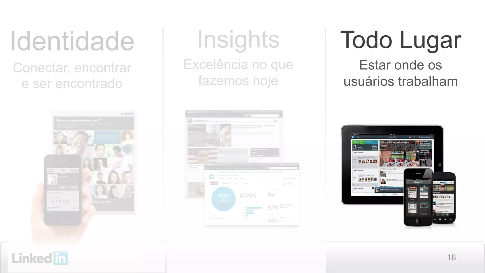 16
Todo Lugar
Estar onde os
usuários trabalham
Insights
Excelência no que
fazemos hoje
Identidade
Conectar, encontrar
e ser encontrado
 