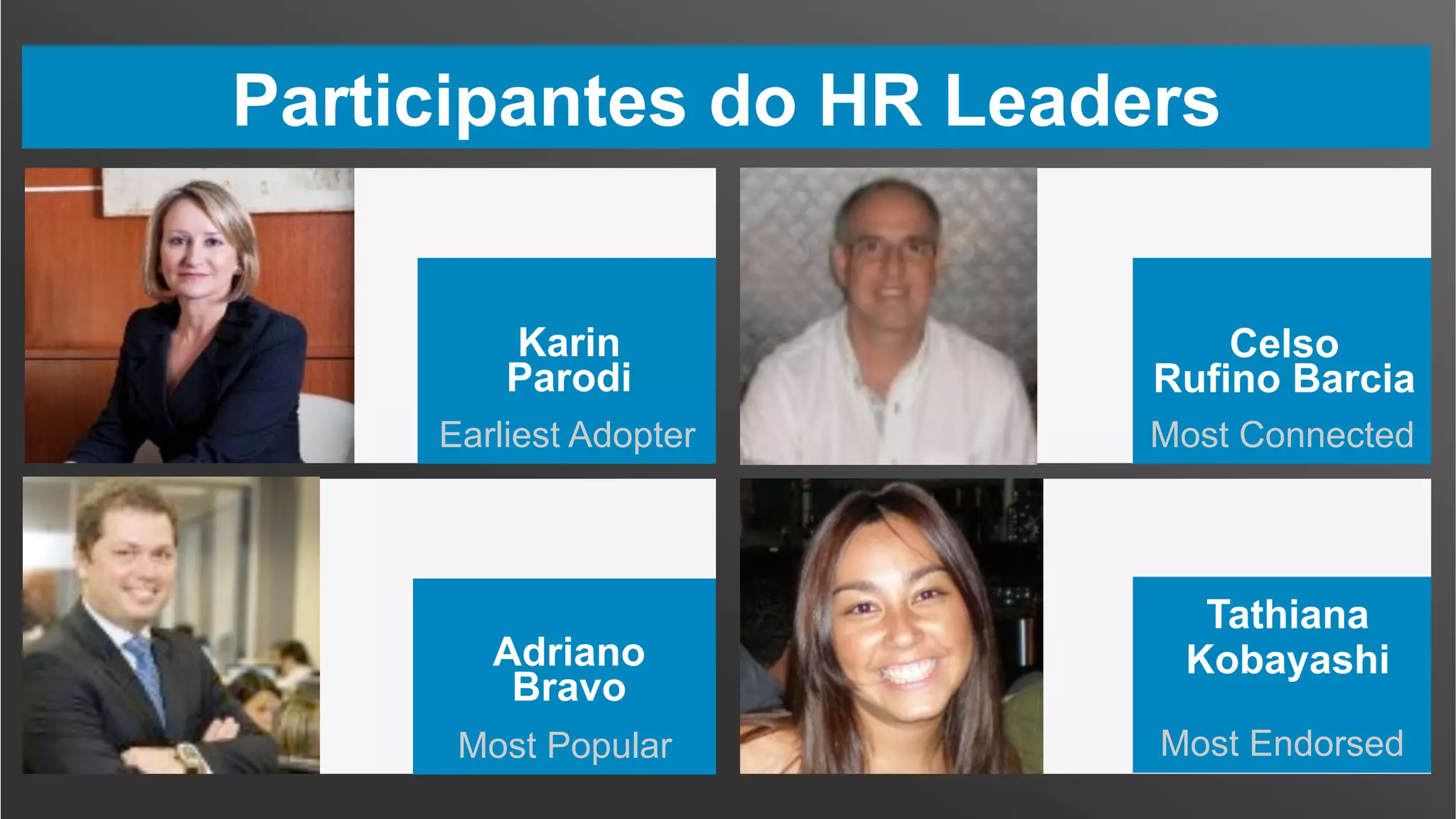 Participantes do HR Leaders
Most Popular Most Endorsed
Earliest Adopter Most Connected
Karin
Parodi
Celso
Rufino Barcia
Adriano
Bravo
Tathiana
Kobayashi
 