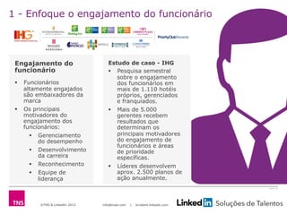 ©TNS & LinkedIn 2013 info@tnsei.com | br.talent.linkedin.com
2613-12
Engajamento do
funcionário
§  Funcionários
altamente engajados
são embaixadores da
marca
§  Os principais
motivadores do
engajamento dos
funcionários:
§  Gerenciamento
do desempenho
§  Desenvolvimento
da carreira
§  Reconhecimento
§  Equipe de
liderança
Estudo de caso - IHG
§  Pesquisa semestral
sobre o engajamento
dos funcionários em
mais de 1.110 hotéis
próprios, gerenciados
e franquiados.
§  Mais de 5.000
gerentes recebem
resultados que
determinam os
principais motivadores
do engajamento de
funcionários e áreas
de prioridade
específicas.
§  Líderes desenvolvem
aprox. 2.500 planos de
ação anualmente.
1 - Enfoque o engajamento do funcionário
 