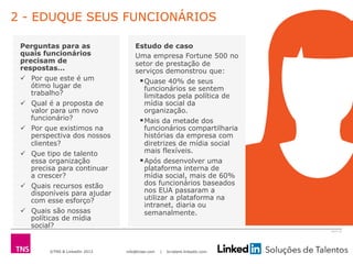 ©TNS & LinkedIn 2013 info@tnsei.com | br.talent.linkedin.com
2613-12
Perguntas para as
quais funcionários
precisam de
respostas…
ü  Por que este é um
ótimo lugar de
trabalho?
ü  Qual é a proposta de
valor para um novo
funcionário?
ü  Por que existimos na
perspectiva dos nossos
clientes?
ü  Que tipo de talento
essa organização
precisa para continuar
a crescer?
ü  Quais recursos estão
disponíveis para ajudar
com esse esforço?
ü  Quais são nossas
políticas de mídia
social?
Estudo de caso
Uma empresa Fortune 500 no
setor de prestação de
serviços demonstrou que:
§ Quase 40% de seus
funcionários se sentem
limitados pela política de
mídia social da
organização.
§ Mais da metade dos
funcionários compartilharia
histórias da empresa com
diretrizes de mídia social
mais flexíveis.
§ Após desenvolver uma
plataforma interna de
mídia social, mais de 60%
dos funcionários baseados
nos EUA passaram a
utilizar a plataforma na
intranet, diaria ou
semanalmente.
2 - EDUQUE SEUS FUNCIONÁRIOS
 