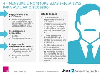 ©TNS & LinkedIn 2013 info@tnsei.com | br.talent.linkedin.com
2613-12
Engajamento dos
funcionários
ü  Avaliar o engajamento
dos funcionários e focar
os principais motivadores
necessários para criar
embaixadores da marca.
Treinamento e
orientação
ü  Gestão.
ü  Embaixadores da marca.
Programas de
embaixador da marca
ü  Impacto da utilização de
redes para recrutar os
melhores talentos.
ü  Programas de mídia
social.
Estudo de caso
§  Uma unidade de
negócios relatou que o
aumento do
engajamento gerou uma
economia em perda de
produtividade estimada
em US$ 30 milhões por
ano.
§  O lucro operacional
aumentou de US$ 1,2
bilhões para mais de US
$ 2 bilhões.
§  Os líderes funcionais e
de departamento
utilizaram plataformas
de melhores práticas e
planejamento de ação
online para implementar
planos de ação locais e
globais.
4 - MENSURE E MONITORE SUAS INICIATIVAS
PARA AVALIAR O SUCESSO
 
