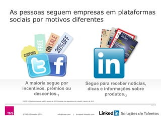 ©TNS & LinkedIn 2013 info@tnsei.com | br.talent.linkedin.com
2613-12
FONTE:1 eMarketer(estudo Lab42, agosto de 2011)2Análise dos seguidores do LinkedIn, janeiro de 2012
As pessoas seguem empresas em plataformas
sociais por motivos diferentes
A maioria segue por
incentivos, prêmios ou
descontos.1
Segue para receber notícias,
dicas e informações sobre
produtos.2
 