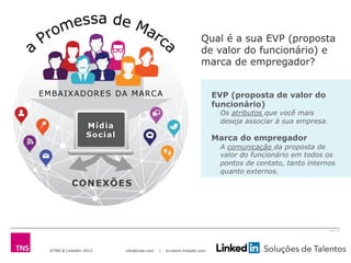 ©TNS & LinkedIn 2013 info@tnsei.com | br.talent.linkedin.com
2613-12
EVP (proposta de valor do
funcionário)
Os atributos que você mais
deseja associar à sua empresa.
Marca do empregador
A comunicação da proposta de
valor do funcionário em todos os
pontos de contato, tanto internos
quanto externos.
Promessa da marca
Qual é a sua EVP (proposta
de valor do funcionário) e
marca de empregador?
 