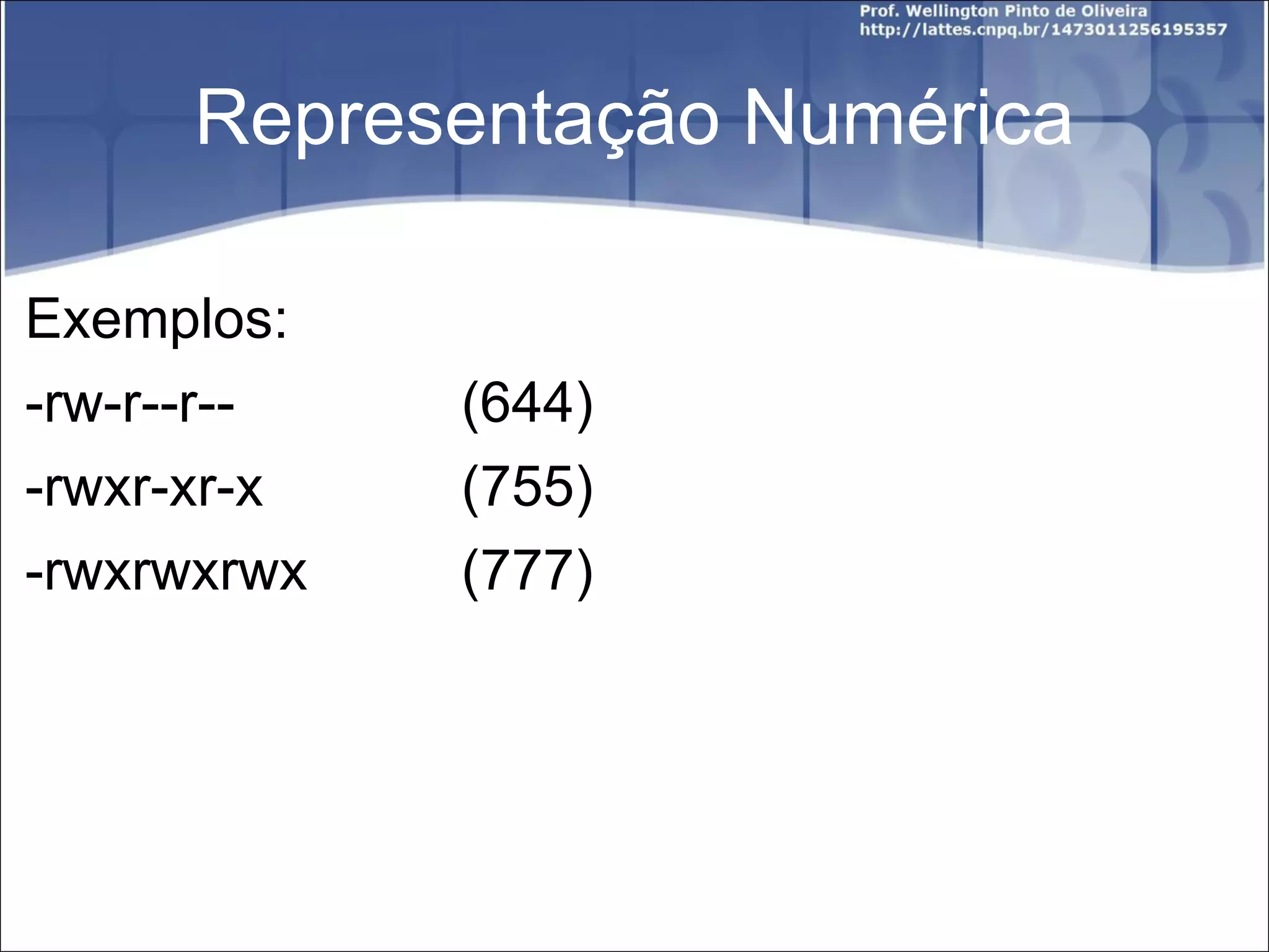 Representação Numérica Exemplos: -rw-r--r--  (644) -rwxr-xr-x  (755) -rwxrwxrwx (777) 