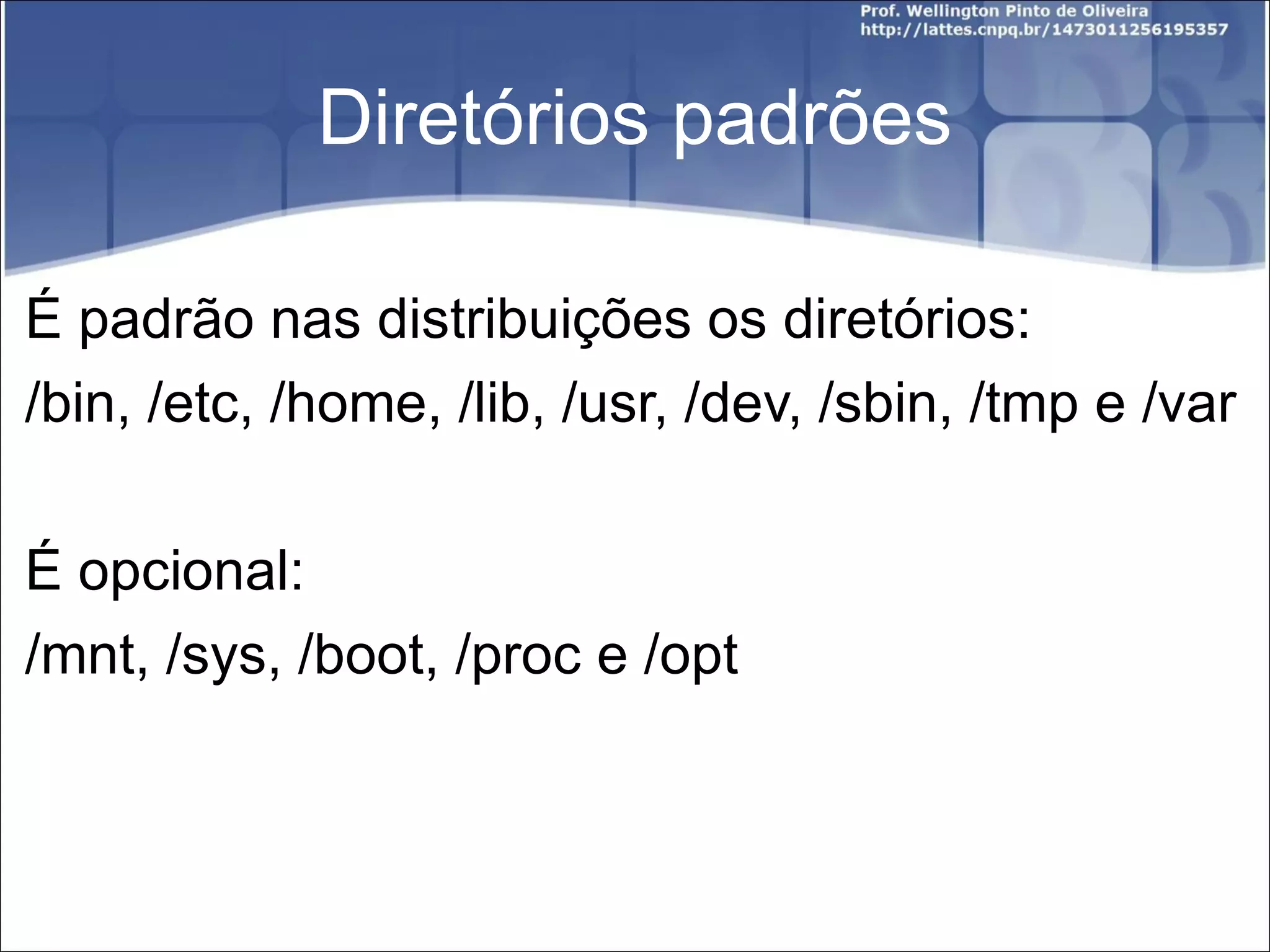 Diretórios padrões É padrão nas distribuições os diretórios: /bin, /etc, /home, /lib, /usr, /dev, /sbin, /tmp e /var É opcional: /mnt, /sys, /boot, /proc e /opt 