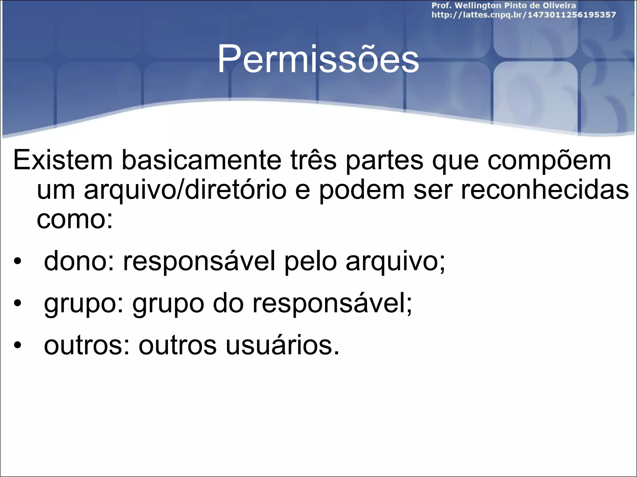 Permissões Existem basicamente três partes que compõem um arquivo/diretório e podem ser reconhecidas como: dono: responsável pelo arquivo; grupo: grupo do responsável; outros: outros usuários. 