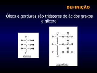 DEFINIÇÃO Óleos e gorduras são triésteres de ácidos graxos e glicerol 
