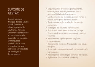 • Segurança nos processos: planejamento,
orientações e aperfeiçoamentos sob a
responsabilidade do franqueador;
• Conhecimento do mercado, pontos fortes e
fracos, com apoio do franqueador;
• Apoio na avaliação e seleção de pontos
comerciais;
• Indicação do arquiteto homologado;
• Suporte na montagem estrutural da loja;
• Economia de escala em compras de maiores
volumes;
• Retorno mais rápido que nos negócios
independentes;
• Treinamento inicial do franqueado e da equipe
de apoio;
• Supervisão e assessoria contínua mantida pelo
franqueador;
• Reciclagem e capacitação contínua da equipe;
• Agência de Publicidade e Marketing.
Investir em uma
franquia da rede Liquori
Caffè Gourmet é
obter a garantia de
usufruir da força de
uma marca consolidada
e com comprovada
expansão no mercado.
O Franqueado
poderá contar com
o respaldo de uma
estrutura verticalizada
de produção e
fornecimento.
SUPORTE DE
GESTÃO
 
