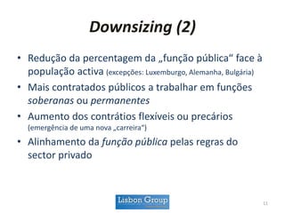 Downsizing (2)
• Redução da percentagem da „função pública“ face à
população activa (excepções: Luxemburgo, Alemanha, Bulgária)
• Mais contratados públicos a trabalhar em funções
soberanas ou permanentes
• Aumento dos contrátios flexíveis ou precários
(emergência de uma nova „carreira“)
• Alinhamento da função pública pelas regras do
sector privado
11
 