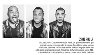 Dika, Levi, Vini e Dudu formam Os De Paula, um quarteto irreverente que
promete marcar a nova geração da música. Com talento nato e carisma
indiscutível, os irmãos são filhos de Netinho de Paula. O grupo define seu
estilo como uma mistura musical. A influência do Funk Americano com o R&B,
a Black Music e a raiz da família, o samba, formam o som de Os De Paula
Os de paula
 