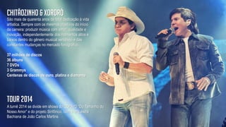 São mais de quarenta anos de total dedicação à vida
artística. Sempre com os mesmos objetivos do início
da carreira: produzir música com amor, qualidade e
inovação, independentemente dos momentos altos e
baixos dentro do gênero musical sertanejo e das
constantes mudanças no mercado fonográfico.
37 milhões de discos
36 álbuns
7 DVDs
3 Grammys
Centenas de discos de ouro, platina e diamante
Chitãozinho & Xororó
A turnê 2014 se divide em shows do CD/DVD “Do Tamanho do
Nosso Amor” e do projeto Sinfônico, com a orquestra
Bachiana de João Carlos Martins.
TOUR 2014
 