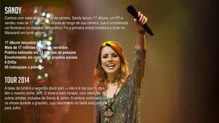 Lorem ipsum dolor sit amet, consectetuer adipiscing
elit, sed diam nonummy nibh euismod tincidunt ut
laoreet dolore magna aliquam erat volutpat. Ut wisi
enim ad minim veniam, quis nostrud exerci tation
ullamcorper suscipit lobortis nisl ut aliquip ex ea
commodo consequat. Duis autem vel eum iriure
dolor in hendrerit in vulputate velit esse molestie
consequat, vel illum dolore eu feugiat nulla facilisis
at vero eros et accumsan et iusto odio dignissim qui
blandit praesent luptatum zzril delenit augue duis
dolore te feugait nulla facilisi. Nam liber tempor cum
soluta nobis eleifend option congue nihil imperdiet
doming id quod mazim placerat facer possim
assum.
Chitãozinho & Xororó
Cantora com mais de vinte anos de carreira, Sandy lançou 17 álbuns, um EP e
vendeu mais de 17 milhões de cópias ao longo de sua carreira, que é considerada
um fenômeno no mercado fonográfico. Foi a primeira artista brasileira a tocar no
Maracanã em turnê própria.
17 álbuns lançados e 1 EP
Mais de 17 milhões de discos vendidos
Público estimado em 33 milhões de pessoas
Envolvimento em mais de 50 projetos sociais
8 DVDs
65 indicações a prêmios
Sandy
A base da turnê é o segundo disco solo — não é à toa que os dois
têm o mesmo nome: Sim. O show é bem variado, com releituras de
outros artistas, inclusive de Sandy & Junior. A cantora continuará com
os shows durante a gravidez, cujo nascimento do bebê está previsto
para Julho.
Tour 2014
 