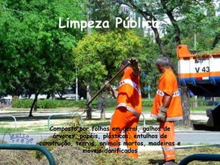 Limpeza Pública




   Composto por folhas em geral, galhos de
    árvores, papéis, plásticos, entulhos de
construção, terras, animais mortos, madeiras e
              móveis danificados
 