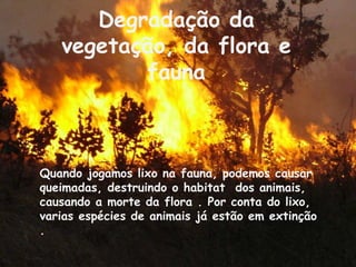 Degradação da
   vegetação, da flora e
          fauna



Quando jogamos lixo na fauna, podemos causar
queimadas, destruindo o habitat dos animais,
causando a morte da flora . Por conta do lixo,
varias espécies de animais já estão em extinção
.
 