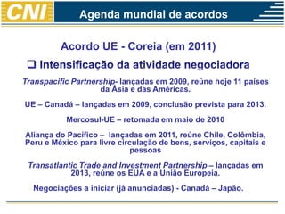 Acordo UE - Coreia (em 2011)
Transpacific Partnership- lançadas em 2009, reúne hoje 11 países
da Ásia e das Américas.
UE – Canadá – lançadas em 2009, conclusão prevista para 2013.
Mercosul-UE – retomada em maio de 2010
Aliança do Pacífico – lançadas em 2011, reúne Chile, Colômbia,
Peru e México para livre circulação de bens, serviços, capitais e
pessoas
Transatlantic Trade and Investment Partnership – lançadas em
2013, reúne os EUA e a União Europeia.
Negociações a iniciar (já anunciadas) - Canadá – Japão.
Agenda mundial de acordos
 