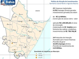 . 19 Empresas implantadas
. 4.370 Empregos Diretos gerados
. Investimentos (privado) da ordem
de R$ 1,6 Bilhões.
. Construção de acesso viário - valor
aplicado R$ 1.043.801,06 em área
de mineração
. Implantação de 02 Galpões para
fomento das cadeias produtivas,
investimentos de R$ 706.746,38
. 14 Protocolos de Intenção
Assinados para novas Empresas
. Previsão de gerar
10.294 empregos diretos
. Previsão de Investimentos de
2,25 Bilhões.
Politica de Atração de Investimentos
Território Litoral Norte e Agreste Baiano
 