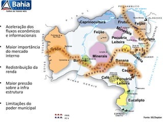 Minerais
Grãos
Minerais
Pecuária
Leiteira
Frutas
Indústria
Pecuária
Leiteira
Feijão
Feijão
Eucalipto
Eucalipto
Banana Banana
Café
Cacau
Caprinocultura
Fonte: SEI/Seplan
• Aceleração dos
fluxos econômicos
e informacionais
• Maior importância
do mercado
interno
• Redistribuição da
renda
• Maior pressão
sobre a infra
estrutura
• Limitações do
poder municipal
FIOL
FCA
 