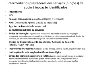 Intermediários prestadores dos serviços (funções) de apoio à inovação identificadosIncubadorasNITsParques tecnológicos, polos tecnológicos e tecnópolisNAGI (Núcleos de Apoio à Gestão da Inovação)Agentes de Propriedade IntelectualConsultorias públicas ou privadas Redes de Inovação: organizações associativas destinadas a reunir ou congregar empresas e instituições que compartilham objetivos ou interesses relacionados à Gestão da Inovação, ao desenvolvimento tecnológico e à difusão do conhecimentoÓrgãos de Desenvolvimento Econômico/ Agências de Fomento (BNDES, FINEP, FAPsetc)Instituições financeiras(fundos de capital de risco, venture capital, angelinvestorsetc)Instituições de informação científica e tecnológicaEntidades tecnológicas setoriais (ETS): atuantes no desenvolvimento tecnológico de um setor econômico específico e que se beneficiam de uma relação direta com as empresas. Mantêm vinculação predominante a associações industriais, organizações empresariais e outras.
