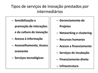 Tipos de serviços de inovação prestados por intermediáriosSensibilização e promoção de interações e da cultura de inovaçãoAcesso à informaçãoAconselhamento, AssessoramentoServiços tecnológicosGerenciamento de ProjetosNetworking e clusteringRecursos humanos	Acesso a financiamentoServiços de incubaçãoFinanciamento diretoInfraestrutura