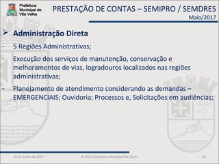 19 de junho de 2017 © 2013 Secretaria Municipal de Obras 10
 Administração Direta
- 5 Regiões Administrativas;
- Execução dos serviços de manutenção, conservação e
melhoramentos de vias, logradouros localizados nas regiões
administrativas;
- Planejamento de atendimento considerando as demandas –
EMERGENCIAIS; Ouvidoria; Processos e, Solicitações em audiências;
PRESTAÇÃO DE CONTAS – SEMIPRO / SEMDRES
Maio/2017
 