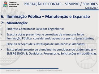19 de junho de 2017 © 2013 Secretaria Municipal de Obras 12
6. Iluminação Pública – Manutenção e Expansão
 Manutenção:
- Empresa Contratada: Salvador Engenharia;
- Executa obras preventivas e corretivas de manutenção de
Iluminação Pública, considerando apenas os pontos já existentes;
- Executa serviços de substituição de luminárias e lâmpadas;
- Existe planejamento de atendimento considerando as demandas –
EMERGENCIAIS; Ouvidoria; Processos e, Solicitações em audiências.
PRESTAÇÃO DE CONTAS – SEMIPRO / SEMDRES
Maio/2017
 