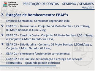 19 de junho de 2017 © 2013 Secretaria Municipal de Obras 14
7. Estações de Bombeamento: EBAP’s
- Empresa Contratada: Contractor Engenharia Ltda;
 EBAP 01 - Guaranhuns - Conjunto 04 Moto Bombas 1,25 m3/seg,
03 Moto Bombas 0,33 m3 /seg.
 EBAP 02 – Canal da Costa - Conjunto 10 Moto Bombas 1,50 m3/seg
e, Conjunto 4 Moto Gerador 625 Kva;
 EBAP 03 – Sitio Batalha - Conjunto 02 Moto Bombas 1,50m3/seg e,
Conjunto 4 Moto Gerador 625 Kva;
- EBAP 01 – entregue e funcionando corretamente;
- EBAP 02 e 03: Em fase de finalização e entrega dos serviços
contratados – ajustando painéis elétricos;
-
PRESTAÇÃO DE CONTAS – SEMIPRO / SEMDRES
Maio/2017
 