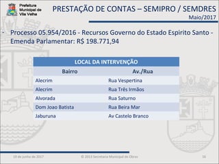 19 de junho de 2017 © 2013 Secretaria Municipal de Obras 16
- Processo 05.954/2016 - Recursos Governo do Estado Espirito Santo -
Emenda Parlamentar: R$ 198.771,94
PRESTAÇÃO DE CONTAS – SEMIPRO / SEMDRES
Maio/2017
LOCAL DA INTERVENÇÃO
Bairro Av./Rua
Alecrim Rua Vespertina
Alecrim Rua Três Irmãos
Alvorada Rua Saturno
Dom Joao Batista Rua Beira Mar
Jaburuna Av Castelo Branco
 