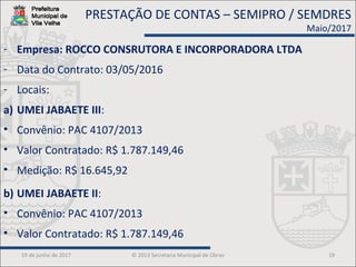 19 de junho de 2017 © 2013 Secretaria Municipal de Obras 19
- Empresa: ROCCO CONSRUTORA E INCORPORADORA LTDA
- Data do Contrato: 03/05/2016
- Locais:
a) UMEI JABAETE III:
• Convênio: PAC 4107/2013
• Valor Contratado: R$ 1.787.149,46
• Medição: R$ 16.645,92
b) UMEI JABAETE II:
• Convênio: PAC 4107/2013
• Valor Contratado: R$ 1.787.149,46
PRESTAÇÃO DE CONTAS – SEMIPRO / SEMDRES
Maio/2017
 