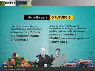 De volta para     O FUTURO 2

Não bastam mais mudanças        Antes, os CEOs reconheciam a
incrementais em um mundo que    necessidade de inovação do modelo de
                                negócio, mas hoje estão lutando para
está operando de [
              formas
                                encontrar a [   liderança
fundamentalmente
                                criativa] necessária para produzir tal
diferentes ].
                                [ inovação ].
 