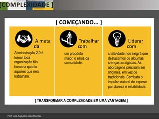 [ COMEÇANDO... ]

            A meta                   Trabalhar                 Liderar
            da                      com                       com
Administração 2.0 é        um propósito          criatividade nos exigirá que
tornar toda                maior, o éthos da     desfaçamos de algumas
organização tão            comunidade.           crenças arraigadas. As
humana quanto                                    abordagens precisam ser
aqueles que nela                                 originais, em vez de
trabalham.                                       tradicionais. Combata o
                                                 impulso natural de esperar
                                                 por clareza e estabilidade.


             [ TRANSFORMAR A COMPLEXIDADE EM UMA VANTAGEM ]
 