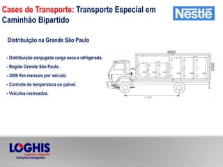 Distribuição na Grande São Paulo
- Distribuição conjugada carga seca e refrigerada.
- Região Grande São Paulo.
- 2000 Km mensais por veículo.
- Controle de temperatura no painel.
- Veículos rastreados.
Cases de Transporte: Transporte Especial em
Caminhão Bipartido
 
