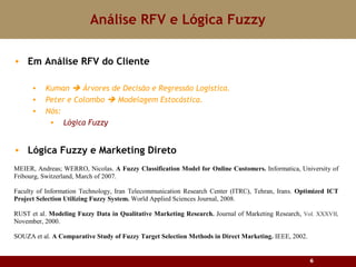 Análise RFV e Lógica Fuzzy Em Análise RFV do Cliente Kuman    Árvores de Decisão e Regressão Logística. Peter e Colombo    Modelagem Estocástica. Nós: Lógica Fuzzy Lógica Fuzzy e Marketing Direto 
