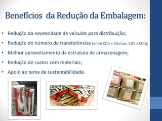Benefícios da Redução da Embalagem:
• Redução da necessidade de veículos para distribuição;
• Redução do número de transferências (entre CD’s x fábricas, CD’s x CD’s);
• Melhor aproveitamento da estrutura de armazenagem;
• Redução de custos com materiais;
• Apoio ao tema de sustentabilidade.
 