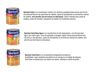 Sparlack Cetol é um revestimento colorido com altíssima qualidade desenvolvido para formar
uma película flexível nas superfícies de madeira, capaz de acompanhar os movimentos naturais
da madeira, sem permitir que ela trinque ou descasque. Cetol é indicado para casas de
madeira, portas de entradas, esquadrias de madeira em ambientes externos.




 Sparlack Cetol Base Água é um revestimento de alto desempenho, com fórmula base
 água, sem cheiro após 1 hora da aplicação e secagem rápida. Possui película flexível que
 não trinca e não descasca, capaz de acompanhar os movimentos naturais da madeira, sem
 permitir que ela trinque ou descasque.




  Sparlack Cetol Deck é um revestimento transparente de altíssima
  durabilidade, super resistente aos efeitos do sol, da água e ao trafego de pessoas.
  Cetol Deck é indicado para uso externo em decks, varandas e móveis de jardim.
 