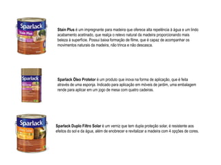 Stain Plus é um impregnante para madeira que oferece alta repelência à água e um lindo
 acabamento acetinado, que realça o relevo natural da madeira proporcionando mais
 beleza à superfície. Possui baixa formação de filme, que é capaz de acompanhar os
 movimentos naturais da madeira, não trinca e não descasca.




 Sparlack Óleo Protetor é um produto que inova na forma de aplicação, que é feita
 através de uma esponja. Indicado para aplicação em móveis de jardim, uma embalagem
 rende para aplicar em um jogo de mesa com quatro cadeiras.




Sparlack Duplo Filtro Solar é um verniz que tem dupla proteção solar, é resistente aos
efeitos do sol e da água, além de enobrecer e revitalizar a madeira com 4 opções de cores.
 