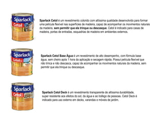 Sparlack Cetol é um revestimento colorido com altíssima qualidade desenvolvido para formar
uma película flexível nas superfícies de madeira, capaz de acompanhar os movimentos naturais
da madeira, sem permitir que ela trinque ou descasque. Cetol é indicado para casas de
madeira, portas de entradas, esquadrias de madeira em ambientes externos.




 Sparlack Cetol Base Água é um revestimento de alto desempenho, com fórmula base
 água, sem cheiro após 1 hora da aplicação e secagem rápida. Possui película flexível que
 não trinca e não descasca, capaz de acompanhar os movimentos naturais da madeira, sem
 permitir que ela trinque ou descasque.




  Sparlack Cetol Deck é um revestimento transparente de altíssima durabilidade,
  super resistente aos efeitos do sol, da água e ao trafego de pessoas. Cetol Deck é
  indicado para uso externo em decks, varandas e móveis de jardim.
 