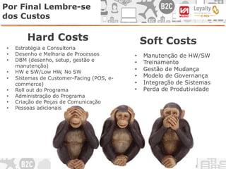 Por Final Lembre-se
dos Custos
Hard Costs
•  Estratégia e Consultoria
•  Desenho e Melhoria de Processos
•  DBM (desenho, setup, gestão e
manutenção)
•  HW e SW/Low HW, No SW
•  Sistemas de Customer-Facing (POS, e-
commerce)
•  Roll out do Programa
•  Administração do Programa
•  Criação de Peças de Comunicação
•  Pessoas adicionais
Soft Costs
•  Manutenção de HW/SW
•  Treinamento
•  Gestão de Mudança
•  Modelo de Governança
•  Integração de Sistemas
•  Perda de Produtividade
 