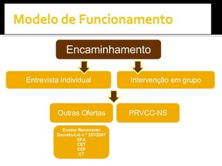 Encaminhamento Intervenção em grupo Entrevista Individual Ensino Recorrente Decreto-Lei n.º 357/2007 EFA CET CEF CT PRVCC-NS Outras Ofertas 
